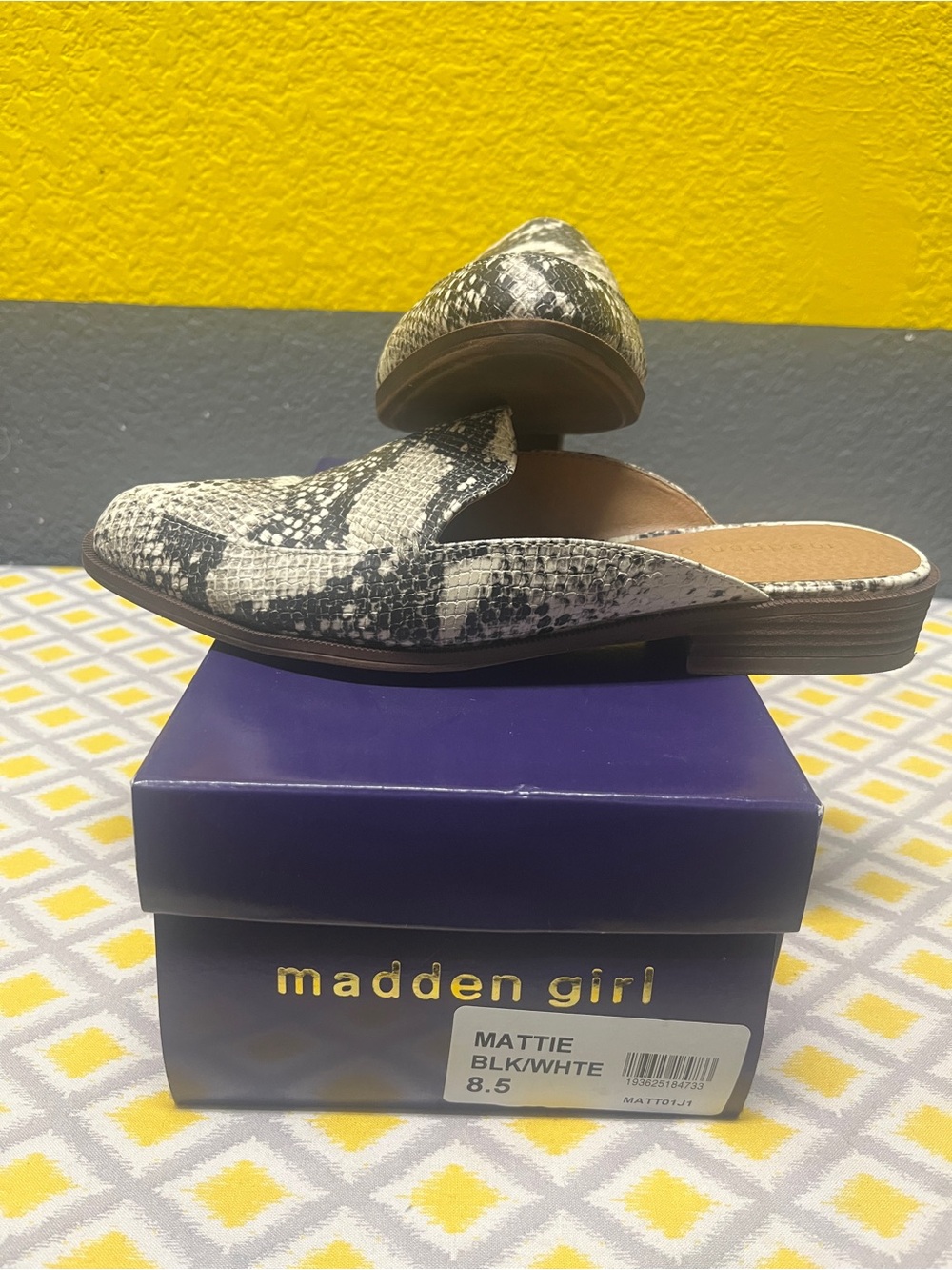 Madden Girl Black & White Snake-Print Slip-On Mules